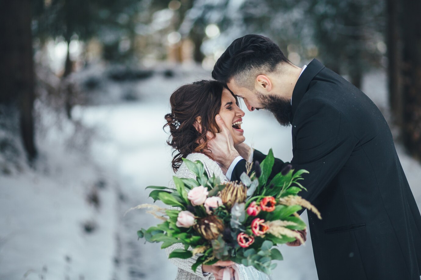 bearded-man-his-lovely-bride-pose-snow-magic-winter-forest_8353-5034